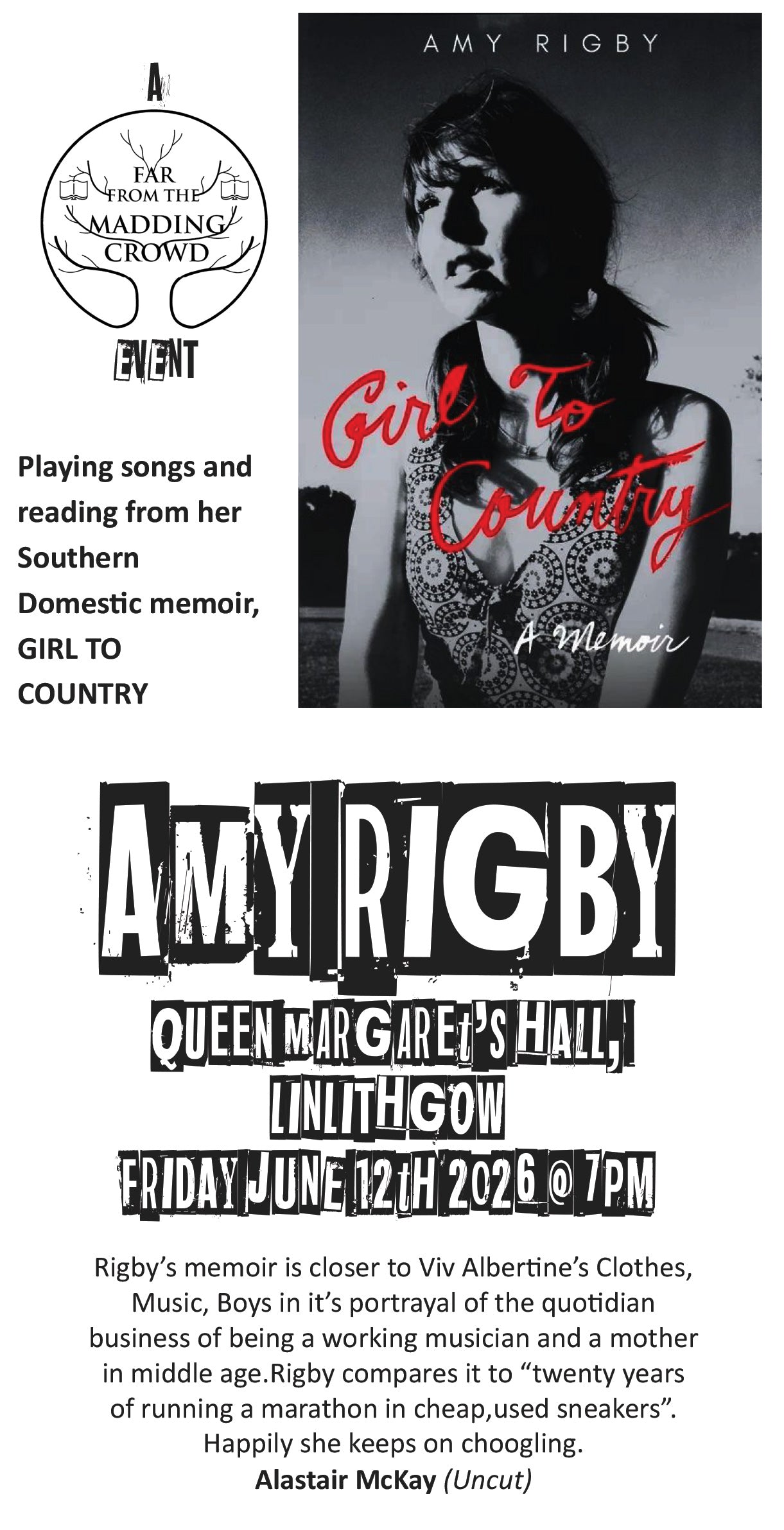 An evening with Amy Rigby, Girl to Country, Friday 12th June, 7.00pm