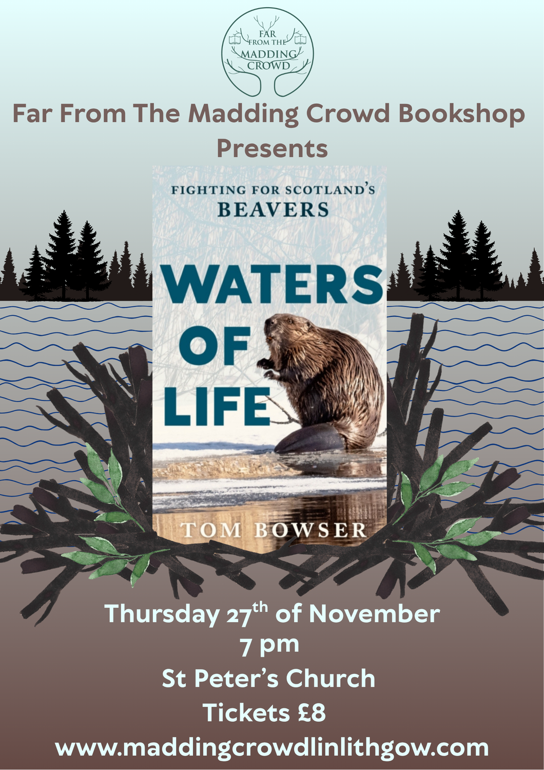 In conversation with Tom Bowser, Waters of Life, Thursday 27th November, 7:00pm